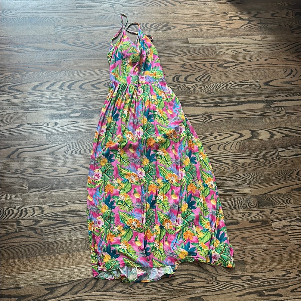 Tropical Floral Maxi Dress Pink Green rayon flowy tie back